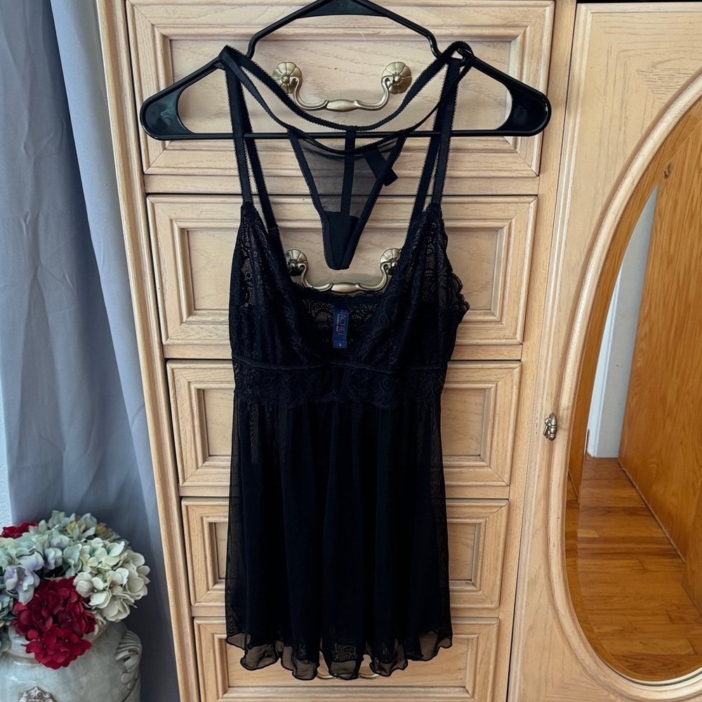 Rachel Roy Black Lace Babydoll Nightgown Teddy